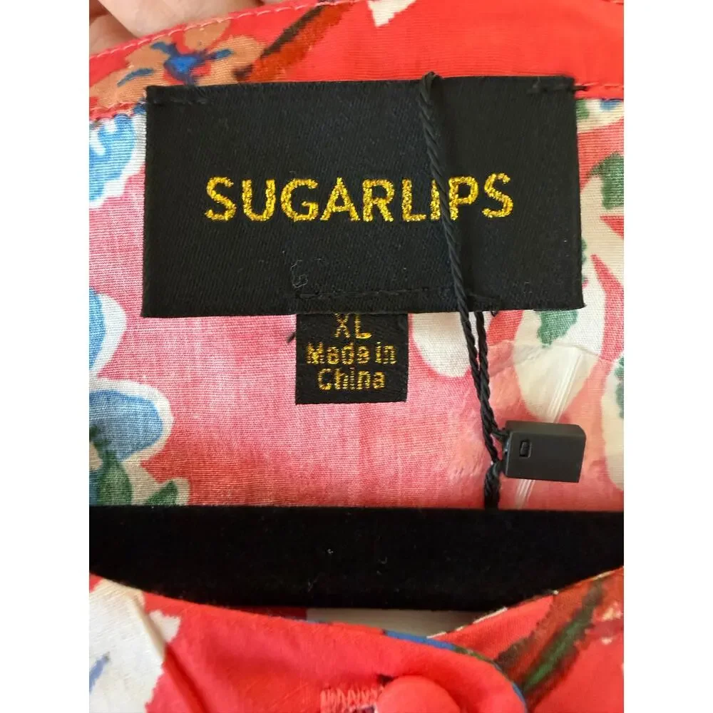 Sugarlips NWT Coral Floral Puff Sleeve Cotton Mini Dress Drawstring Waist Sz XL